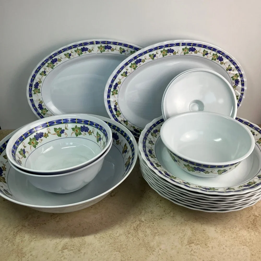 Melamine Ware Dinnerware Set 21pc White Grape Vine Pattern Platters Bowls Spoons